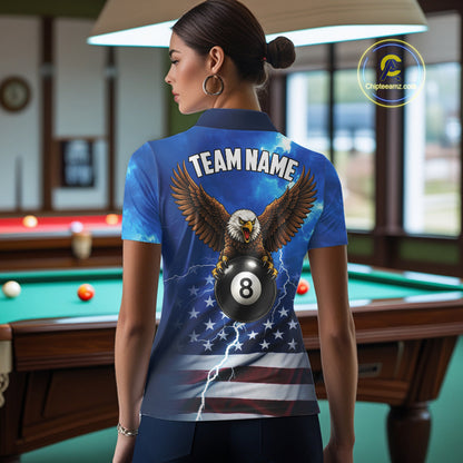 Blue Lightning American Flag Eagle Billiard Shirts For Women Custom 8 Ball Pool Jersey Polo, 1/4 Zip TDM6538