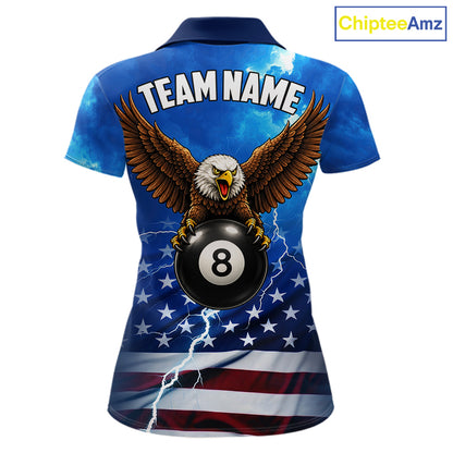 Blue Lightning American Flag Eagle Billiard Shirts For Women Custom 8 Ball Pool Jersey Polo, 1/4 Zip TDM6538