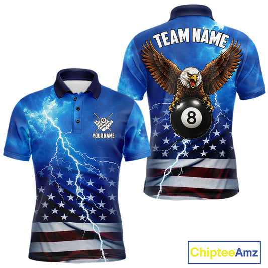 Blue Lightning American Flag Eagle Billiard Shirts For Men Custom 8 Ball Pool Jersey Polo, 1/4 Zip TDM6538