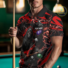 Load image into Gallery viewer, Man wearing a red grim reaper lightning 8 ball billiard jersey beside a pool table front view.