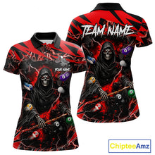 Load image into Gallery viewer, Red grim reaper lightning 8 ball billiard polo shirt for women with custom pool team graphics.