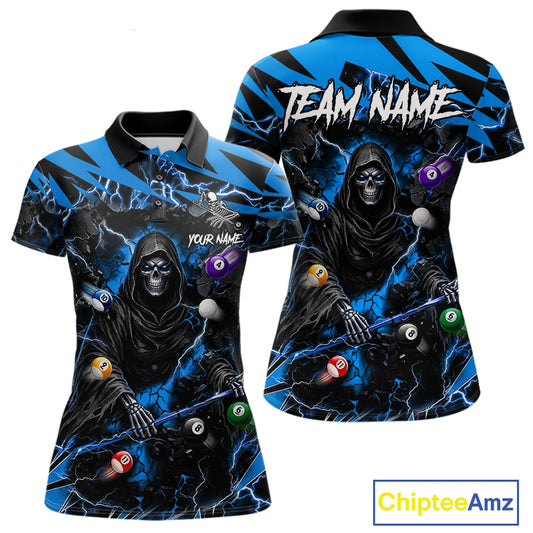 Blue grim reaper lightning 8 ball billiard polo shirt for women with custom pool team graphics.
