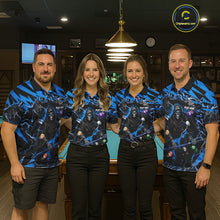 Load image into Gallery viewer, Pool team wearing matching blue grim reaper lightning 8 ball billiard jerseys during tournament competition front view.