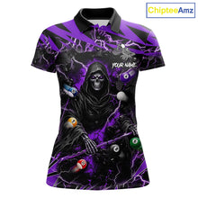 Load image into Gallery viewer, Purple grim reaper lightning 8 ball billiard polo shirt for women with custom pool team graphics.