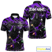 Load image into Gallery viewer, Purple grim reaper lightning 8 ball billiard polo shirt for men with custom pool team graphics.