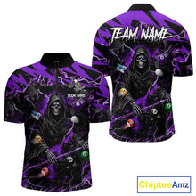 Load image into Gallery viewer, Purple grim reaper lightning 8 ball billiard quarter zip shirt for men designed for league tournaments and team events.