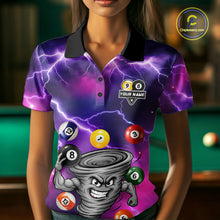 Load image into Gallery viewer, Woman wearing a purple 8 ball and 9 ball tornado billiard jersey beside a pool table front view.