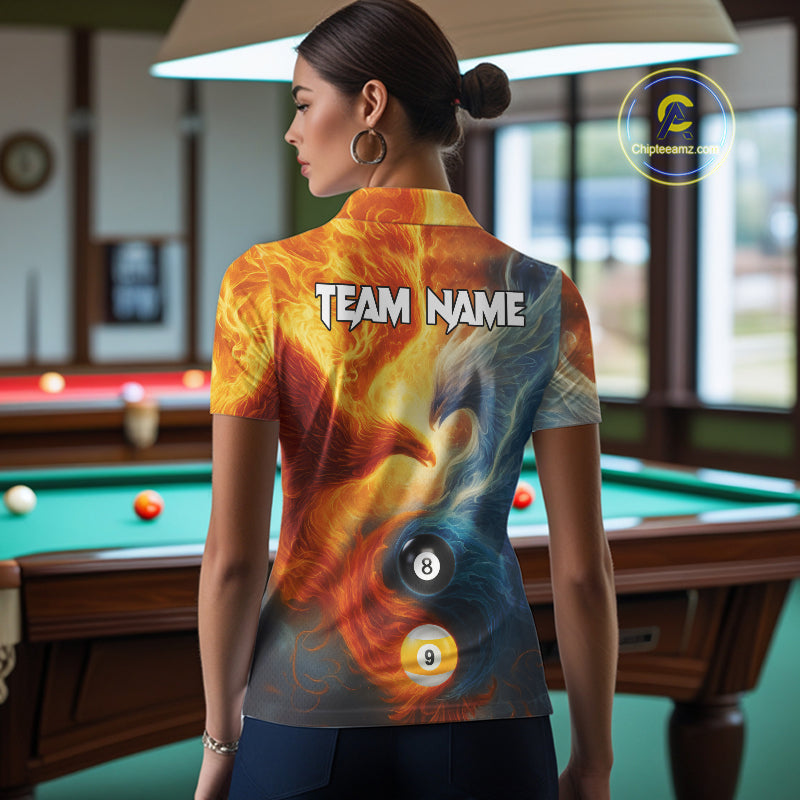 Personalized Water Fire Phoenix Yin Yang 8&9 Ball Billiard Shirt For Women, Billiard Team Jerseys TDM4372