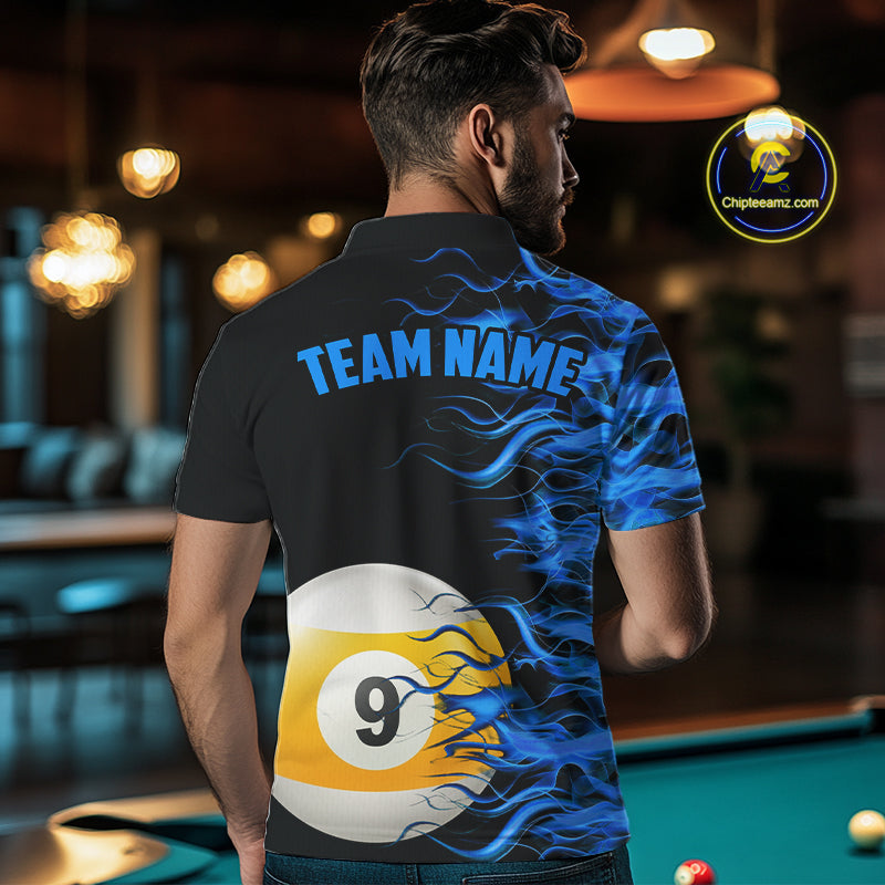 Blue Flaming 8 Ball & 9 Ball Billiard Shirt For Men Custom Pool Team Jersey Polo & 1/4 Zip TDM4377