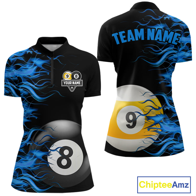 Blue Flaming 8 Ball & 9 Ball Billiard Shirt For Women Custom Pool Team Jersey Polo & 1/4 Zip TDM4377