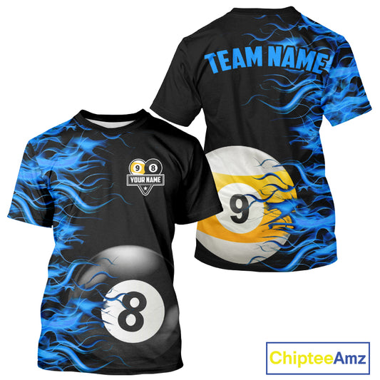 Blue Flaming 8 Ball & 9 Ball Billiard T-Shirt For Men Custom Pool Team Jersey TDM4377