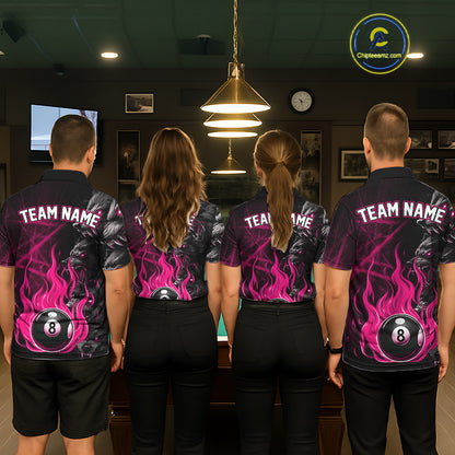 Back View of Pool Team Players Wearing Personalized Pink Wolf Flaming 8 Ball Pool Fire Jerseys