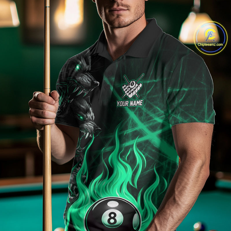 Man Wearing Custom Turquoise Wolf Flaming 8 Ball Pool Fire Billiard Shirt, Front View