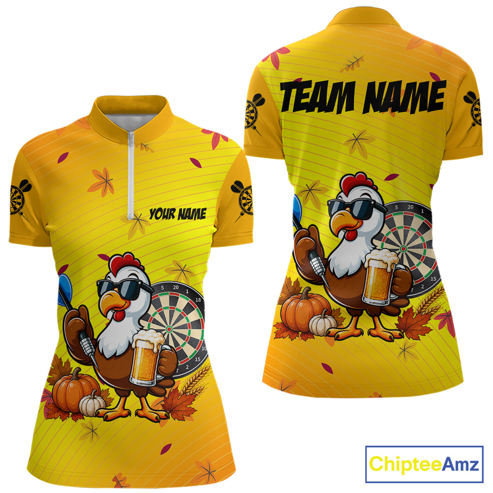 Yellow Funny Turkey Beer Darts Jersey For Women Custom Thanksgiving Shirts For Darts Players TDM7272