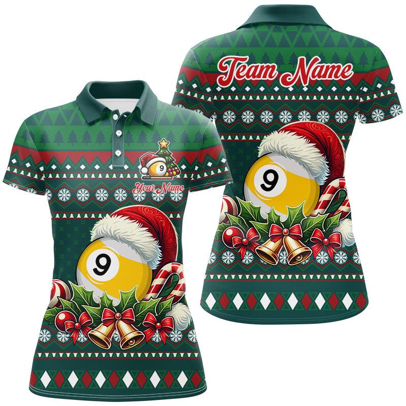 Funny Green Christmas Santa Hat 9 Ball Pool Billiard Shirts For Women Custom Xmas Billiard Jerseys TDM3013