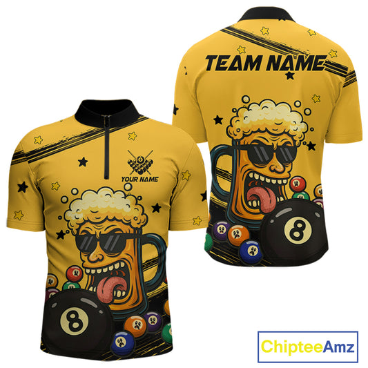 Personalized Yellow Black Funny Beer 8 Ball Billiard Shirt For Men Custom Pool Team Jersey TDM5236