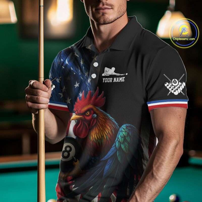 American Flag Rooster 8 Ball Men Billiard Polo & 1/4 Zip Custom Patriotic Team Billiard Jersey TDM5238
