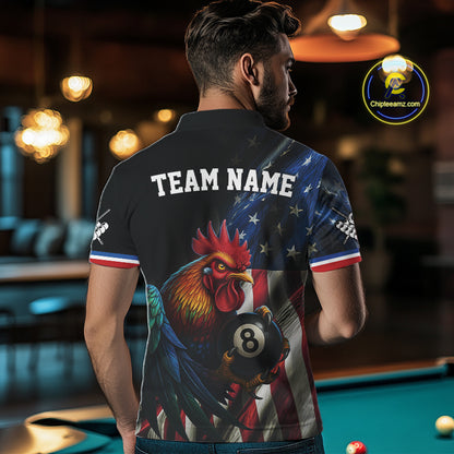 American Flag Rooster 8 Ball Men Billiard Polo & 1/4 Zip Custom Patriotic Team Billiard Jersey TDM5238