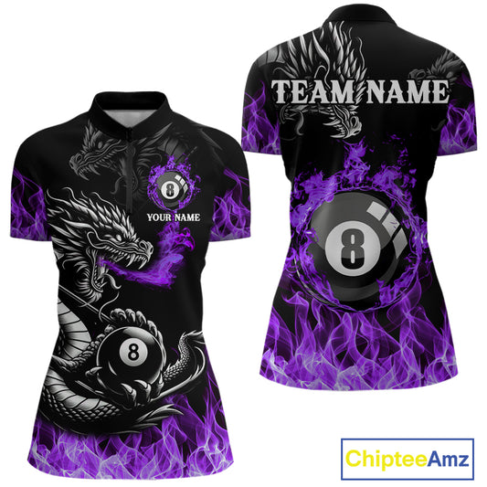Personalized Purple Flaming Dragon 8 Ball Billiard Shirt For Women, Team League Billiard Jerseys TDM4221
