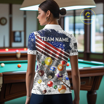 Personalized White Grunge American Flag Billiard Shirt For Women, Patriotic 8 Ball Pool Team Jerseys TDM4224