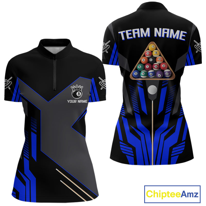 Personalized Blue Black 8 Ball Pool Shirt For Women Custom Billiard League Team Jersey Polo, 1/4 Zip TDM4226