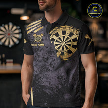 Load image into Gallery viewer, Man wearing a gold grunge dartboard darts jersey front view.