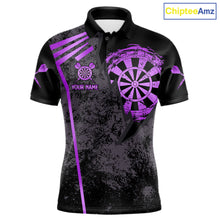 Load image into Gallery viewer, Purple grunge dartboard darts polo shirt for men with custom darts team graphics.