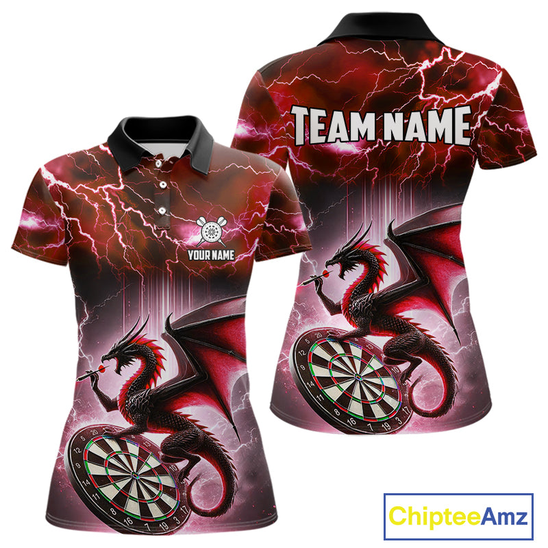 Custom Red Thunder Lightning Dragon Darts Shirt For Women, Darts League Jersey Polo & 1/4 Zip TDM4386