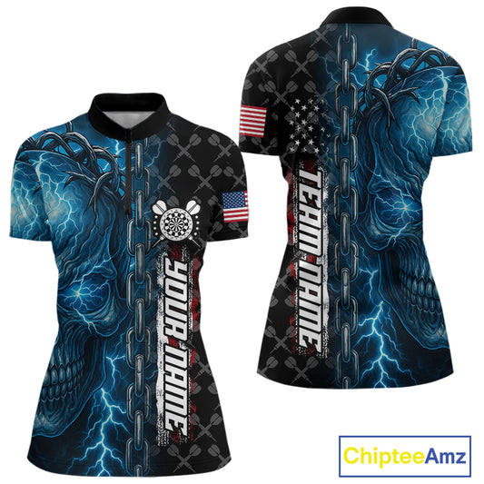 Personalized Blue Darts Skull Thunder Lightning Darts Shirt For Women, US Flag Darts Team Jersey TDM4613