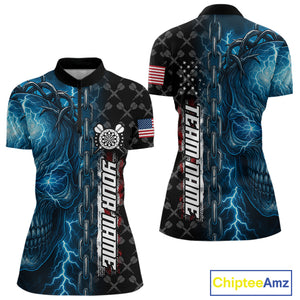 Personalized Blue Darts Skull Thunder Lightning Darts Shirt For Women, US Flag Darts Team Jersey TDM4613