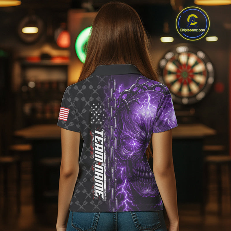 Personalized Purple Darts Skull Thunder Lightning Darts Shirt For Women, US Flag Darts Team Jersey TDM4614