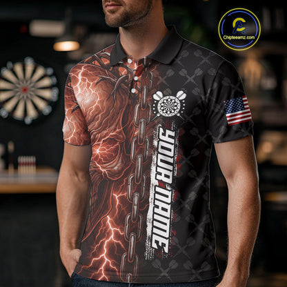 Personalized Orange Darts Skull Thunder Lightning Darts Shirt For Men, US Flag Darts Team Jersey TDM4615