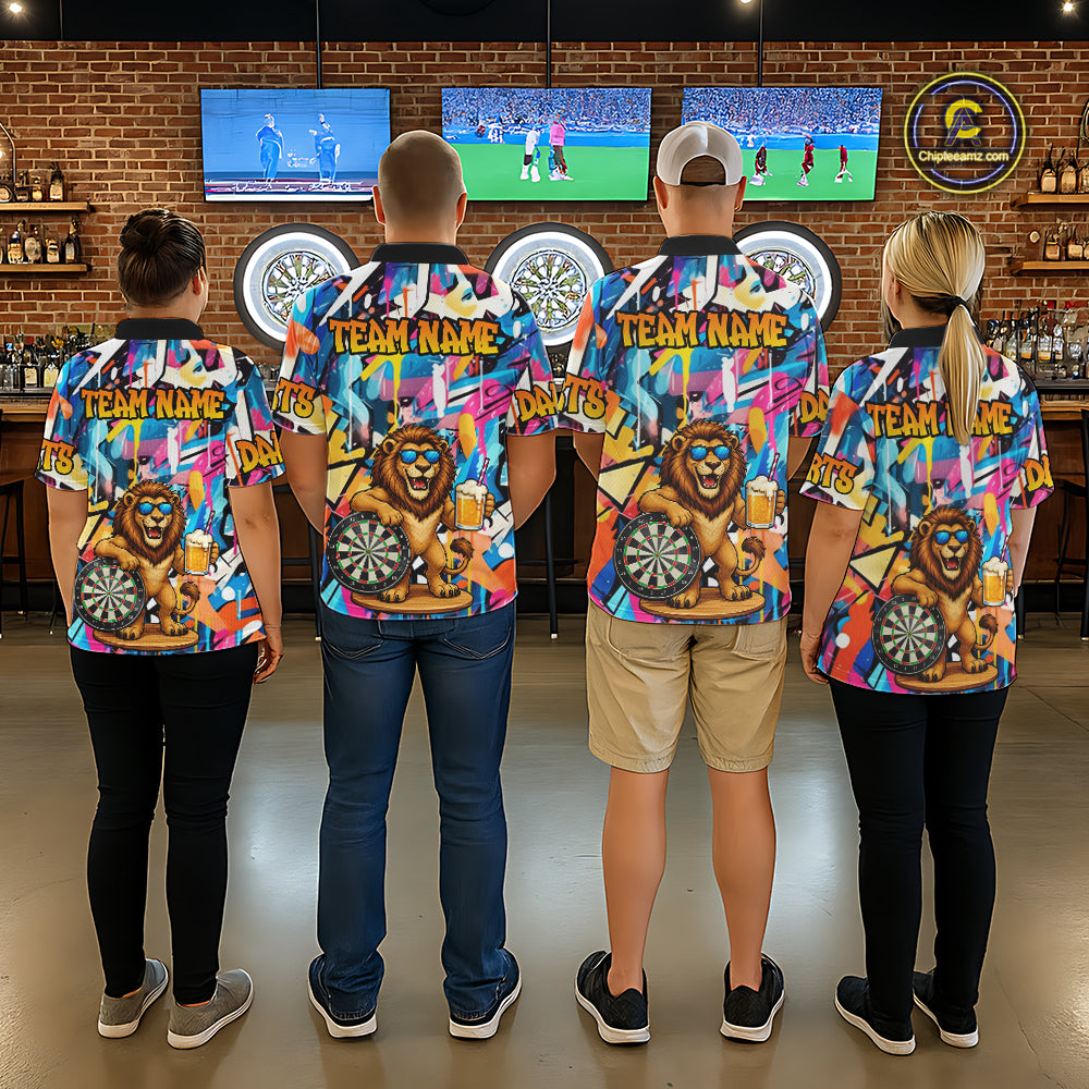 Funny Lion Colorful Graffiti Darts Shirt For Women Custom Darts Team Jersey Polo, Quarter Zip Shirt TDM7285