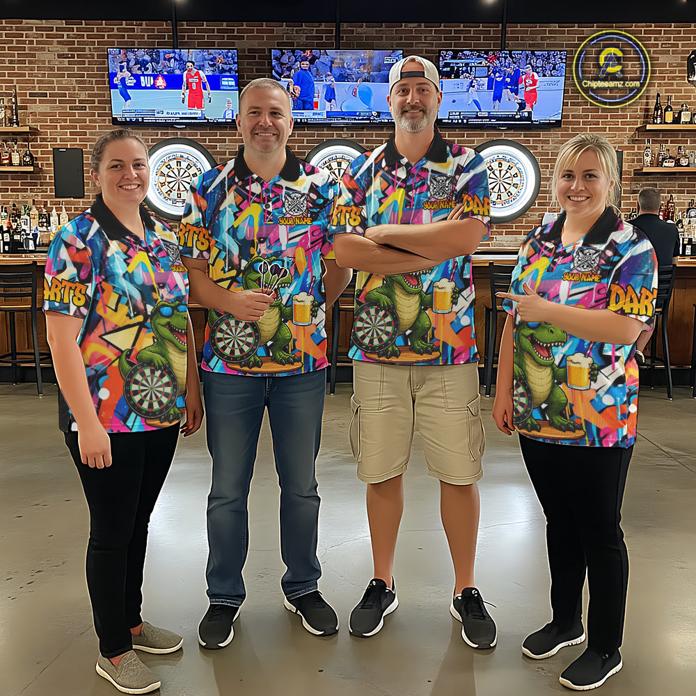 Funny Dinosaur Colorful Graffiti Darts Shirt For Men Custom Darts Team Jersey Polo, 1/4 Zip Shirt TDM7286