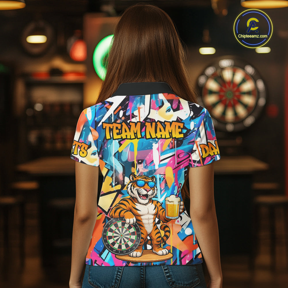 Funny Tiger Colorful Graffiti Darts Shirt For Women Custom Darts Team Jersey Polo, Quarter Zip Shirt TDM7287