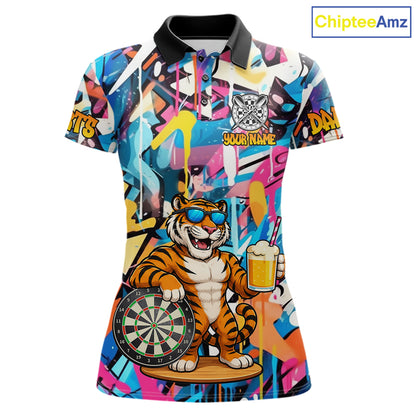Funny Tiger Colorful Graffiti Darts Shirt For Women Custom Darts Team Jersey Polo, Quarter Zip Shirt TDM7287