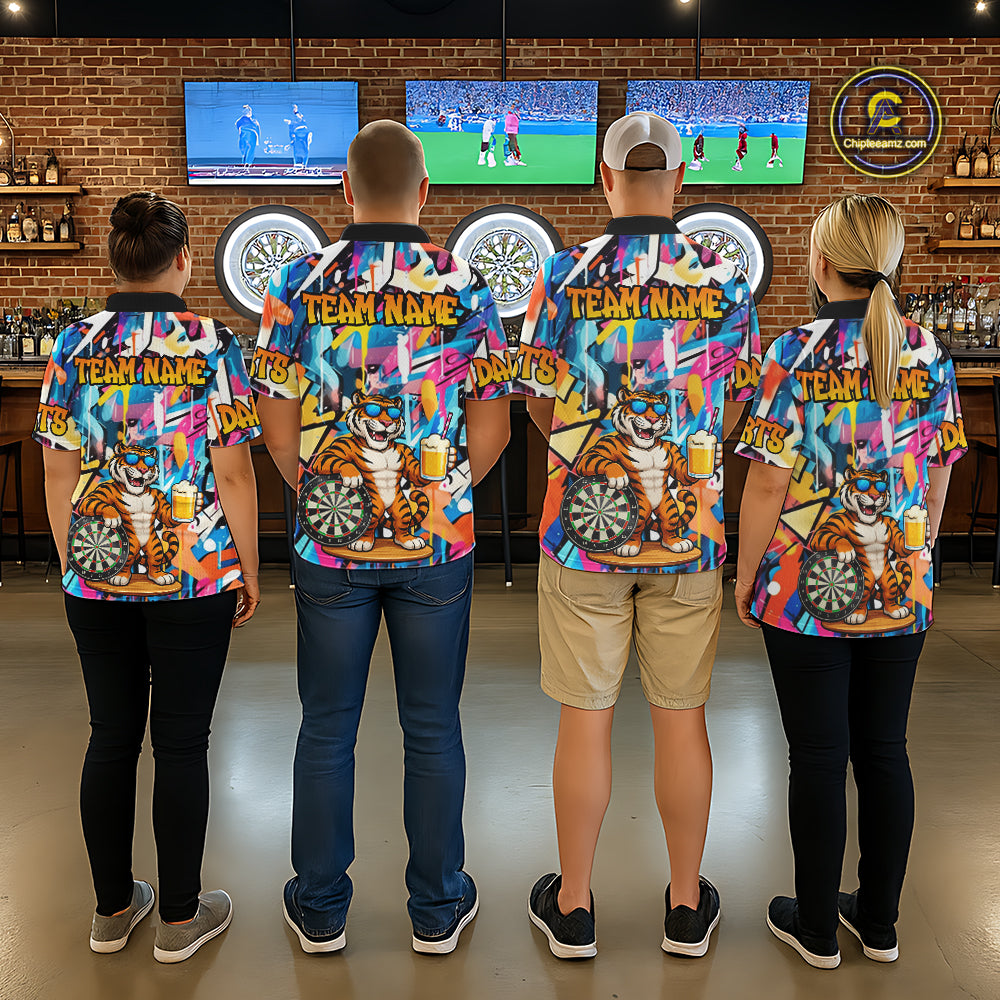 Funny Tiger Colorful Graffiti Darts Shirt For Women Custom Darts Team Jersey Polo, Quarter Zip Shirt TDM7287