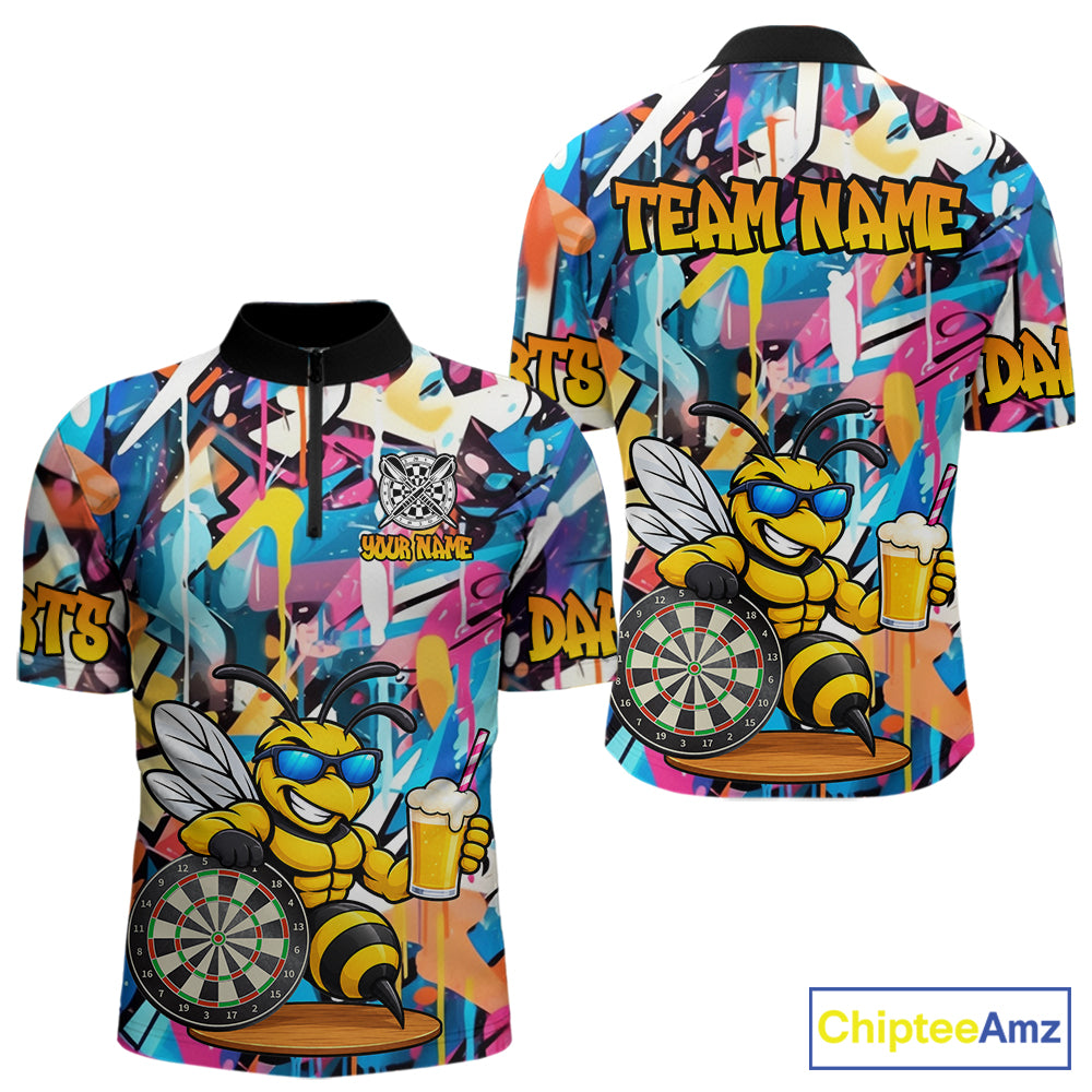 Funny Bee Colorful Graffiti Darts Shirt For Men Custom Darts Team Jersey Polo, Quarter Zip Shirt TDM7288
