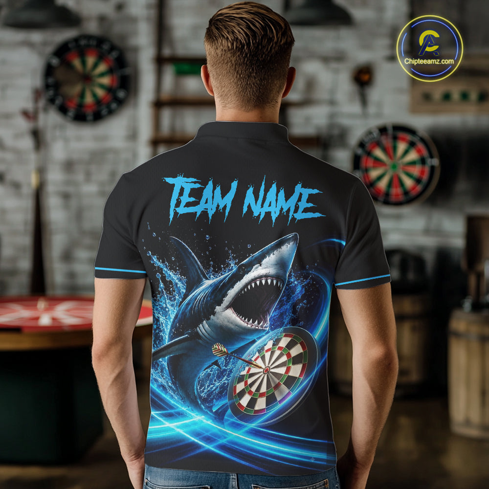 Black And Blue Funny Shark Darts Shirts For Men Custom Darts Jersey, Darts League Team Shirts TDM7289