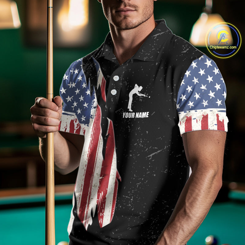 Personalized Grunge American Flag Men's Billiard Shirt, Patriotic Pool Team Shirt Polo & 1/4 Zip TDM5242