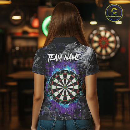 Blue Purple Grunge Skull Darts Polo & 1/4 Zip For Women Custom Darts Team Jersey, Funny Darts Gifts TDM5504