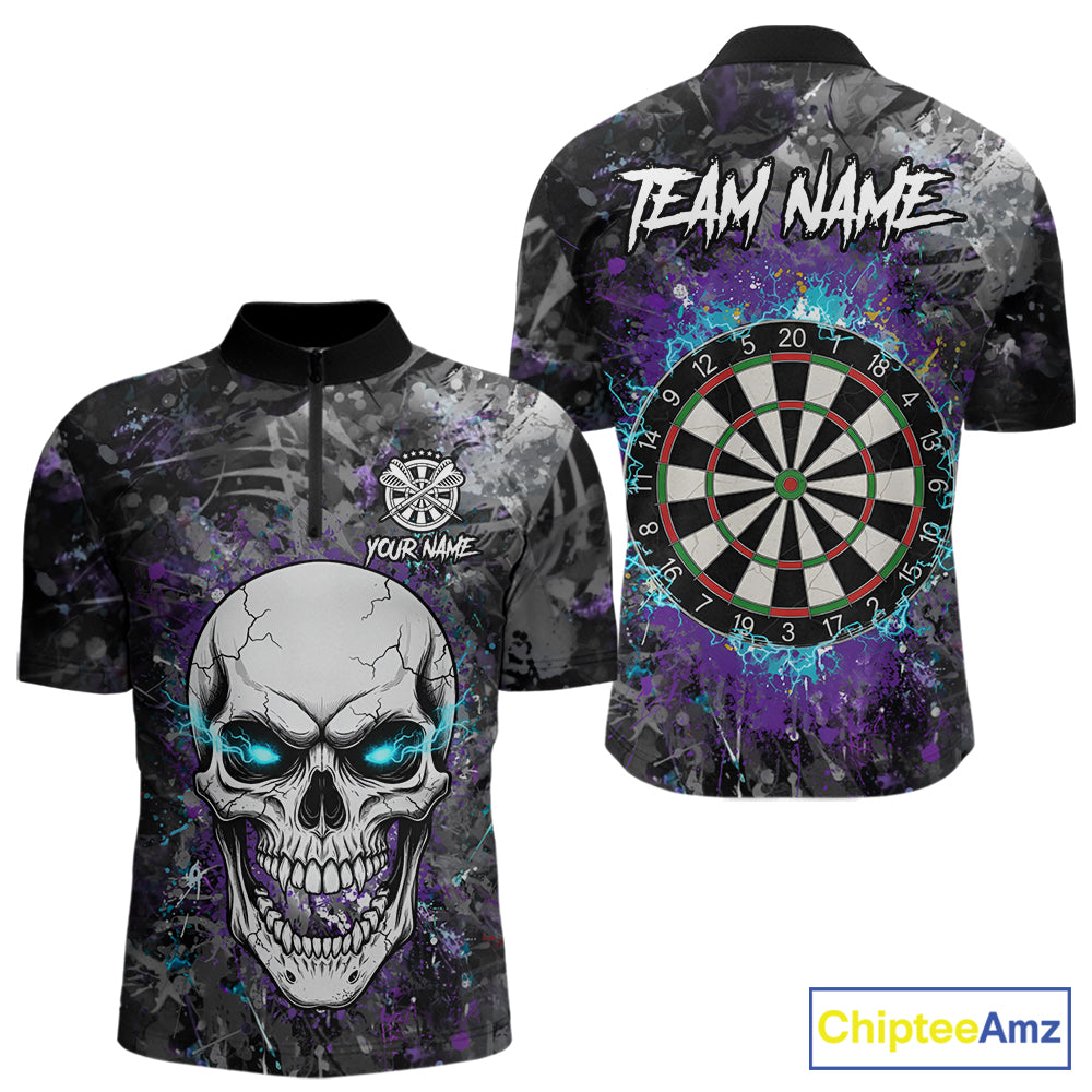 Blue Purple Grunge Skull Darts Polo & 1/4 Zip For Men Custom Darts Team Jersey, Funny Darts Gifts TDM5504