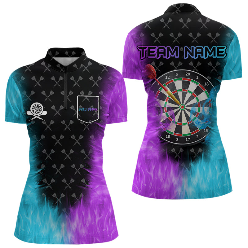 Blue And Purple Flame Women Dart Shirt With Pocket Option Custom Dart Jersey TDM3759