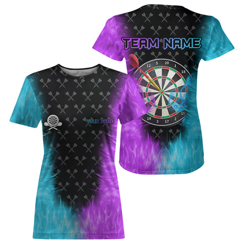 Blue And Purple Flaming Darts T Shirt For Women Custom Darts Jersey Team Outfit TDM3759