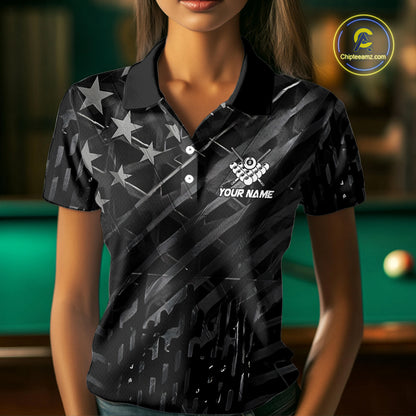 Black US Flag 8 Ball Fire Billiard Shirt For Women Custom Billiard Team Jersey Polo & 1/4 Zip TDM6122