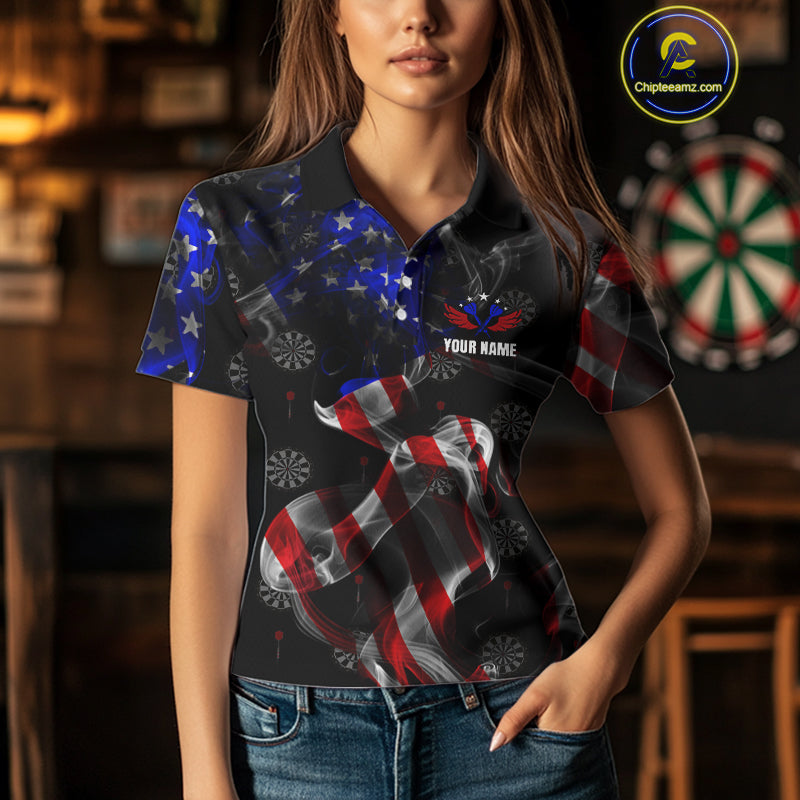Custom Women's Dart Shirt With Pocket Option, US Flag Smoke Darts Team Jersey TDM4029