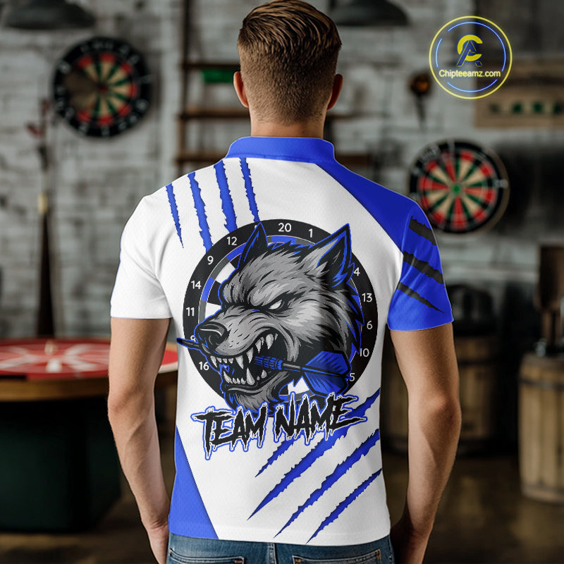 Blue And White Custom Claw Wolf Dart Shirts For Men, Dart Team Shirt Polo & 1/4 Zip, Dart Jerseys TDM4032