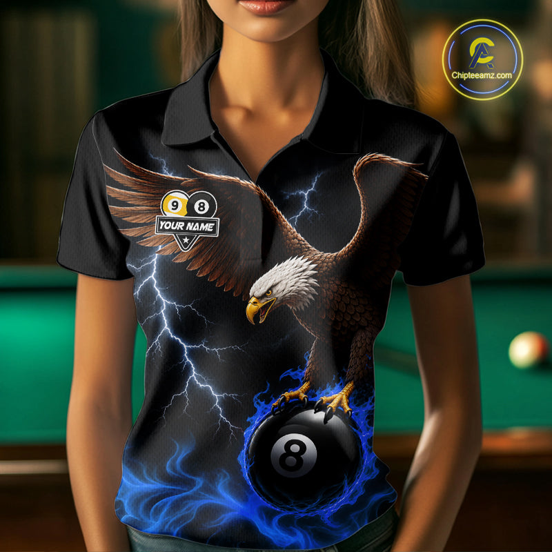 Blue Flaming Eagle 8 Ball & 9 Ball Billiard Shirts For Women Custom Pool Team Jersey Polo & 1/4 Zip TDM6561