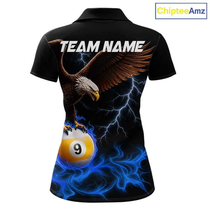 Blue Flaming Eagle 8 Ball & 9 Ball Billiard Shirts For Women Custom Pool Team Jersey Polo & 1/4 Zip TDM6561