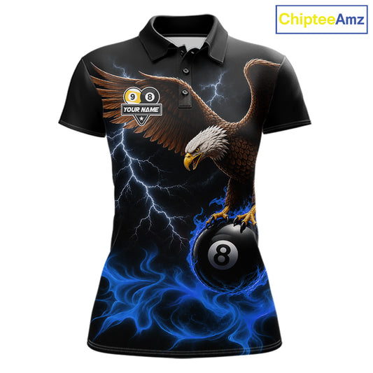 Blue Flaming Eagle 8 Ball & 9 Ball Billiard Shirts For Women Custom Pool Team Jersey Polo & 1/4 Zip TDM6561